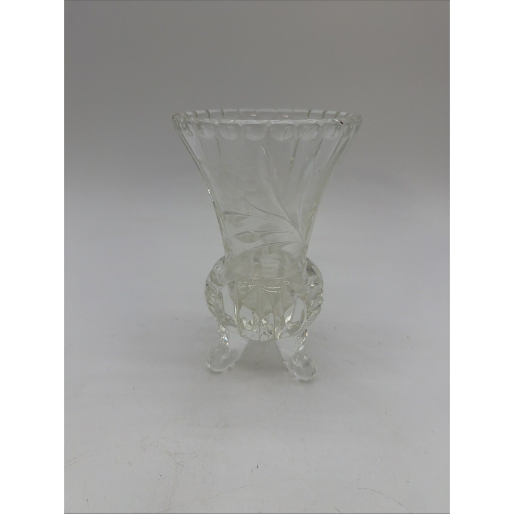 Footed Clear Glass Vase Etched Floral Design 3 Leg Base 6.5" Elegant Glass Vtg
